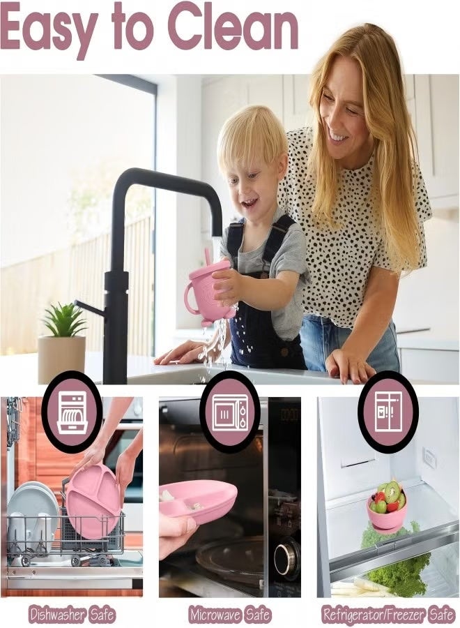 DPTER 8 Piece Silicone Baby Feeding Set, Baby Led Weaning Supplies, Baby Tableware Set with Suction Bowl, Divided Plate, Sippy Cup, Forks, Spoons, Adjustable Bib, BPA Free Toddler Feeding Utensils, Toddler Feeding Supplies, Pink - Image 5